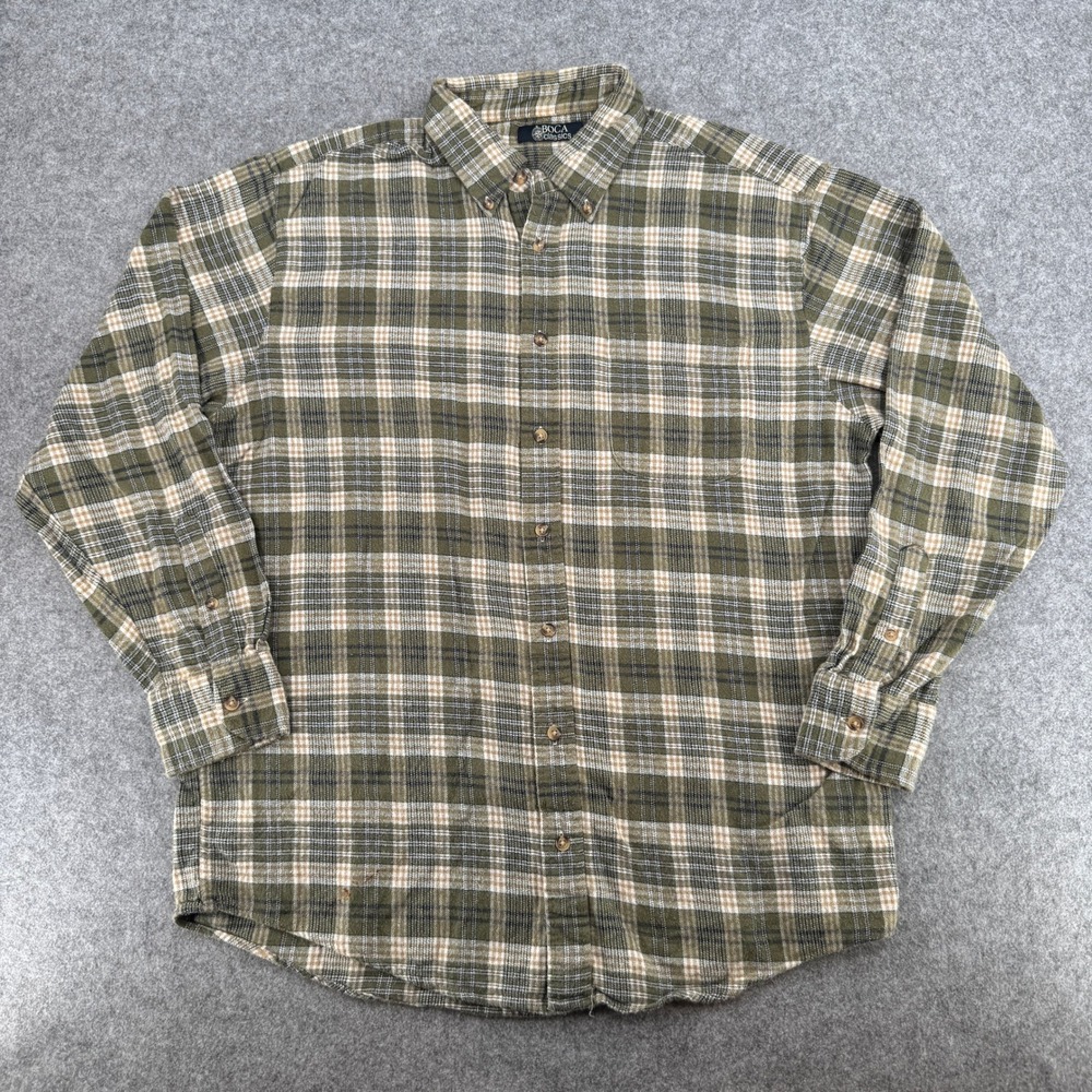 Boca Classics Shirt Men L Flannel Olive Green Plaid Button-Down Long Sleeve